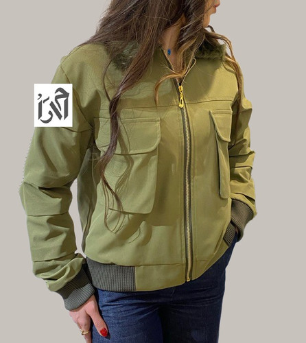 بامبر زنانه کتان زارا سبز ارتشی با یقه خز