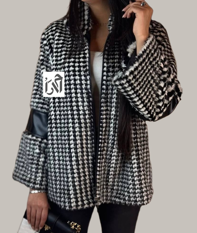 کت خز زنانه سفید و مشکی با چرم مشکی