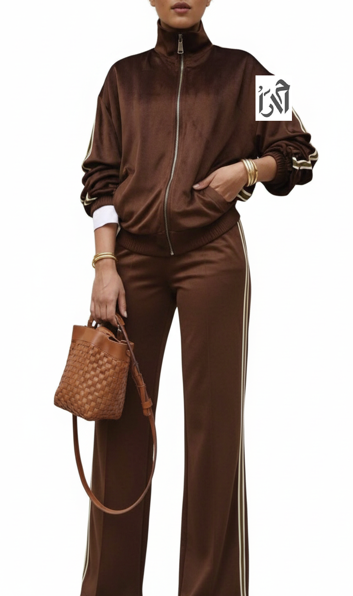 ست بامبر و شلوار زنانه مخمل قهوه ای