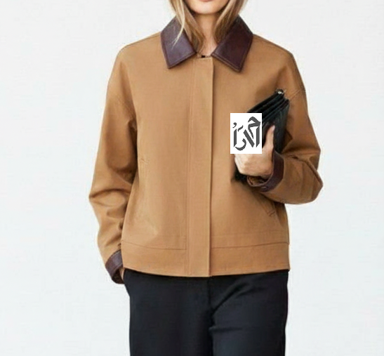 کت زنانه شتری با یقه چرم زرشکی