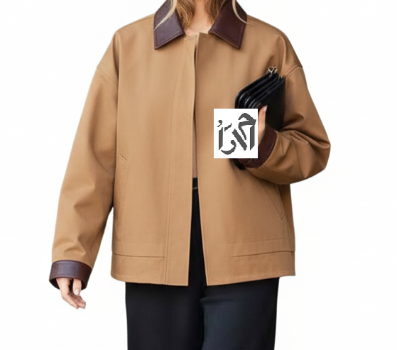 کت زنانه شتری با یقه چرم زرشکی