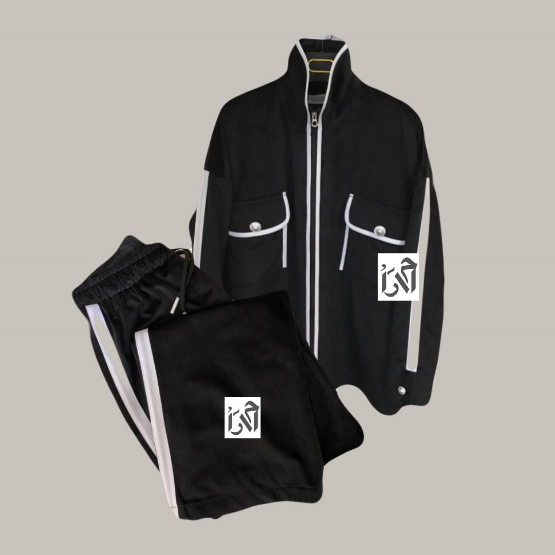 ست بامبر و شلوار زنانه مخمل مشکی با نواردوزی سفید