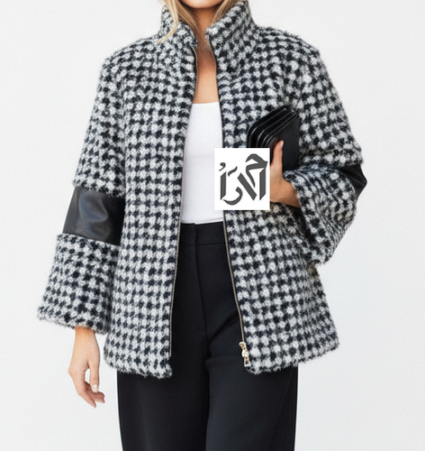 کت خز زنانه سفید و مشکی با چرم مشکی