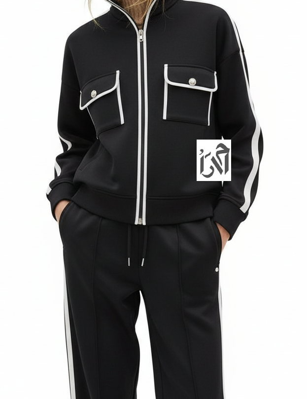 ست بامبر و شلوار زنانه مخمل مشکی با نواردوزی سفید