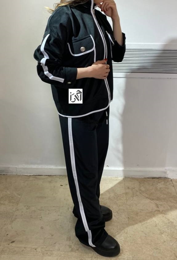 ست بامبر و شلوار زنانه مخمل مشکی با نواردوزی سفید