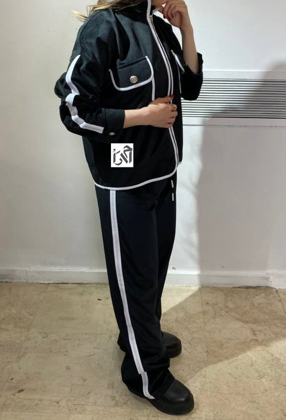 ست بامبر و شلوار زنانه مخمل مشکی با نواردوزی سفید