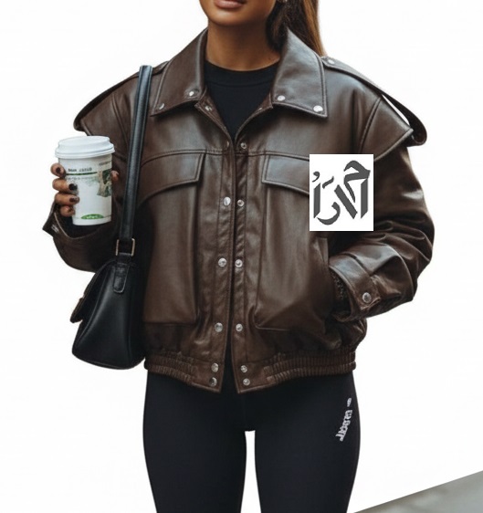 کت چرم  زنانه مشکی با جیب بزرگ