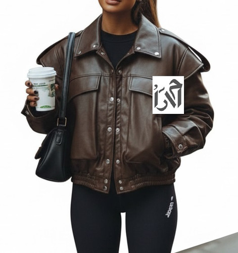 کت چرم زنانه مشکی با جیب بزرگ