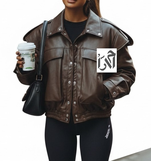 کت چرم زنانه مشکی با جیب بزرگ