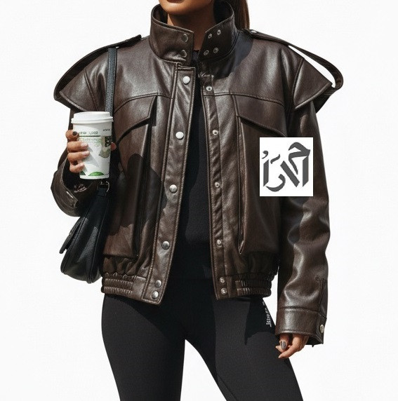 کت چرم زنانه مشکی با جیب بزرگ